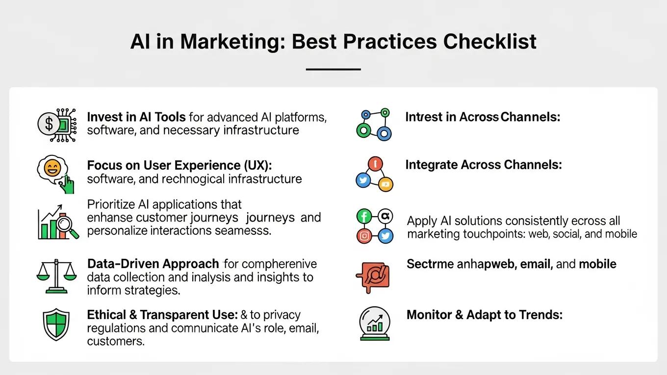 AI in Marketing best practices checklist highlighting investment in AI tools, user experience focus, data-driven approach, and ethical use, with icons representing each practice.