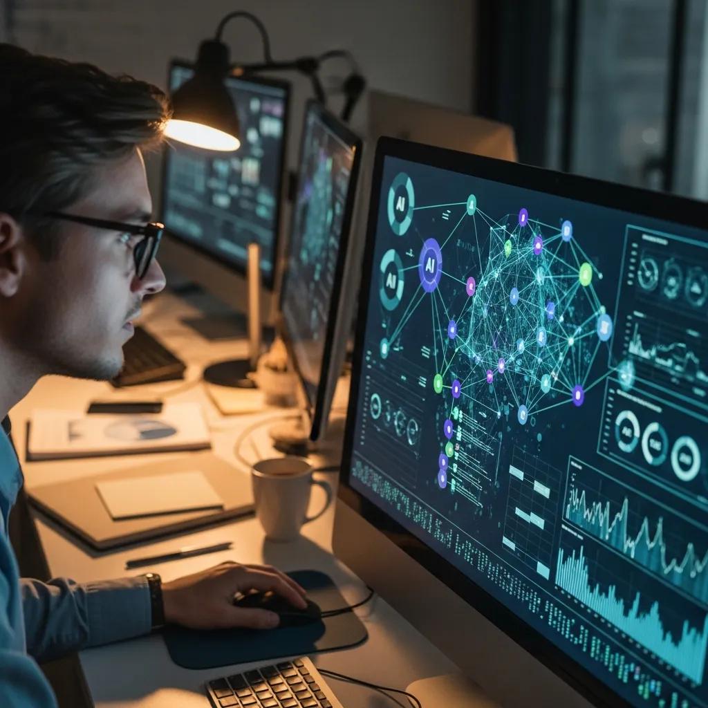 Close-up of a professional analyzing AI algorithms and data analytics on a computer screen in a tech-savvy office, illustrating remote AI development and optimization strategies.