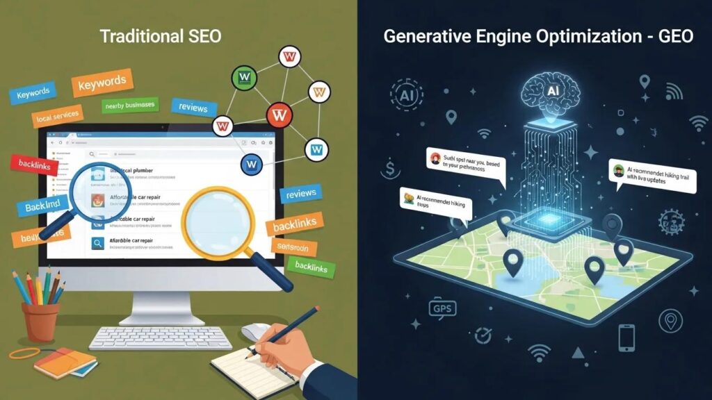 Comparison of Generative Engine Optimization and traditional SEO with visuals of keywords and AI-driven local services
