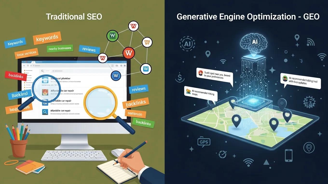 Comparison of Generative Engine Optimization and traditional SEO with visuals of keywords and AI-driven local services