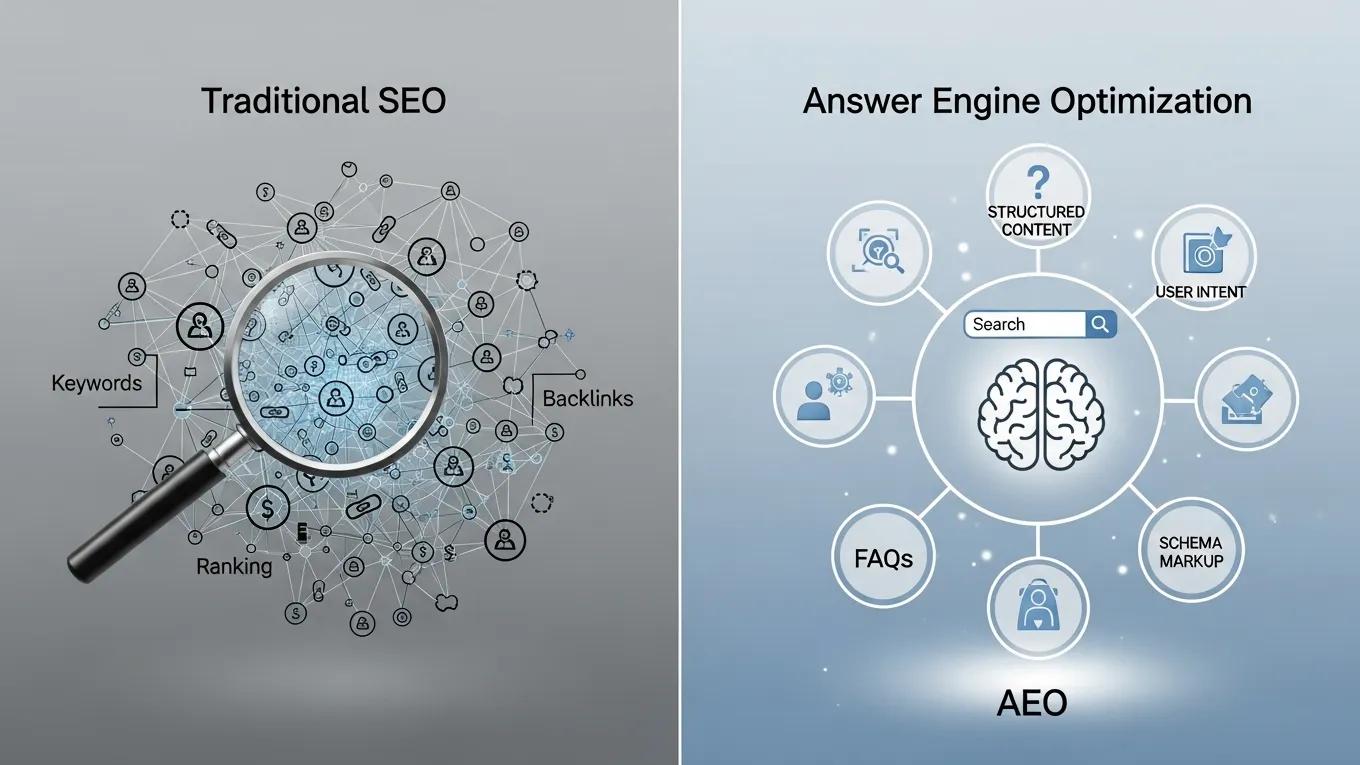 Comparison of Traditional SEO with keywords and backlinks on the left, and Answer Engine Optimization emphasizing structured content and user intent on the right.