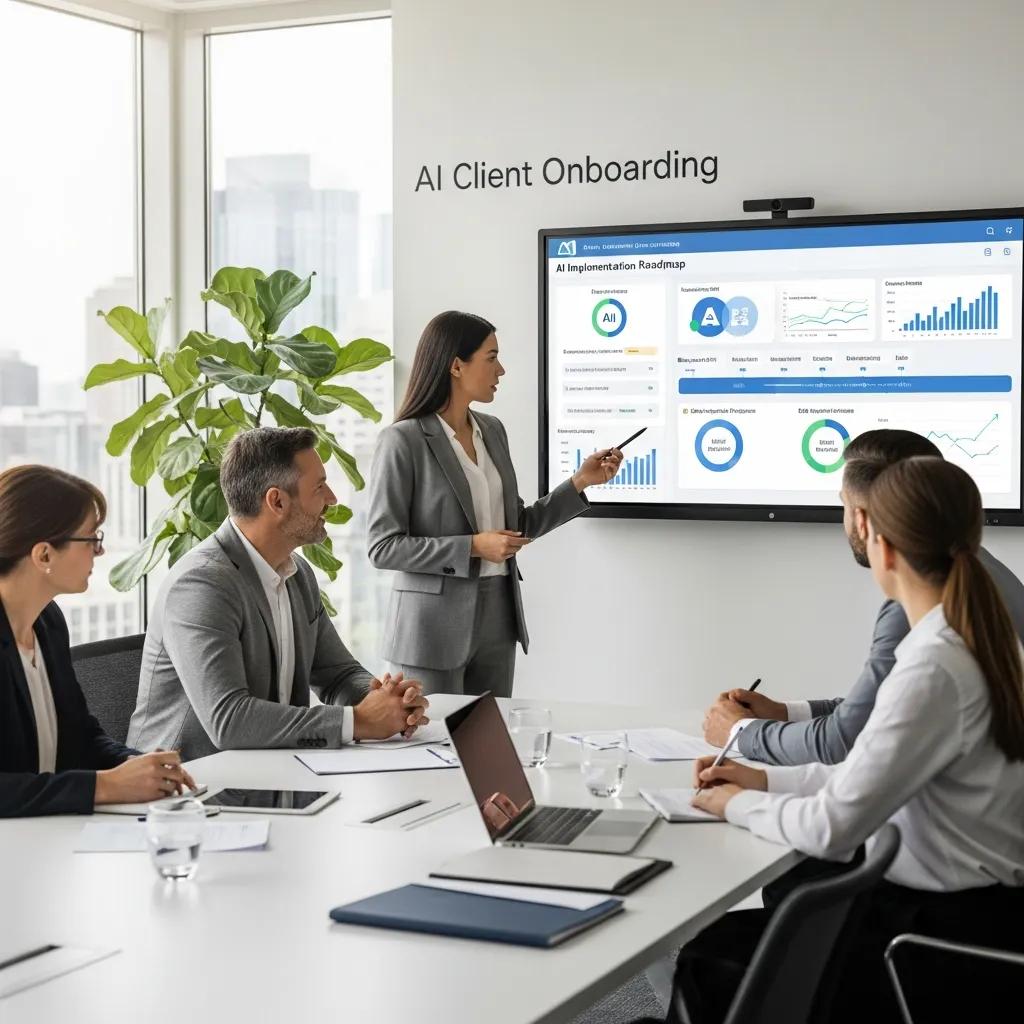 Business meeting with a consultant presenting AI client onboarding strategies on a digital screen, emphasizing structured support and implementation roadmap, while team members engage in discussion.