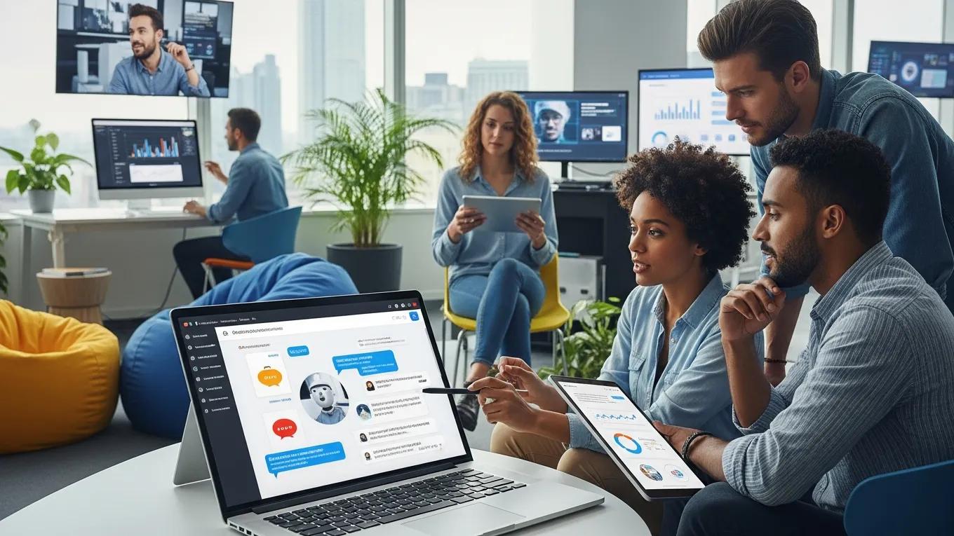 Team collaborating in a modern office, engaging with conversational AI on a laptop, featuring chat interface and analytics, highlighting sales automation and lead generation strategies.