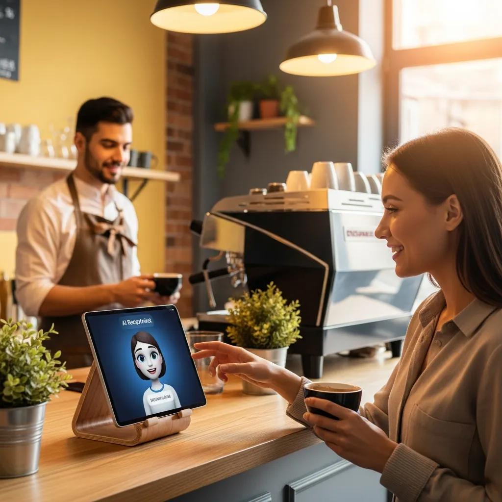 Customer interacting with AI receptionist in a cozy café setting