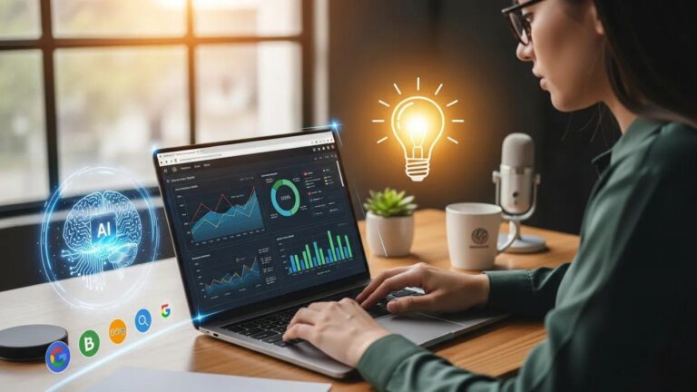Digital marketing professional analyzing AI-driven SEO strategies with a laptop and data visuals