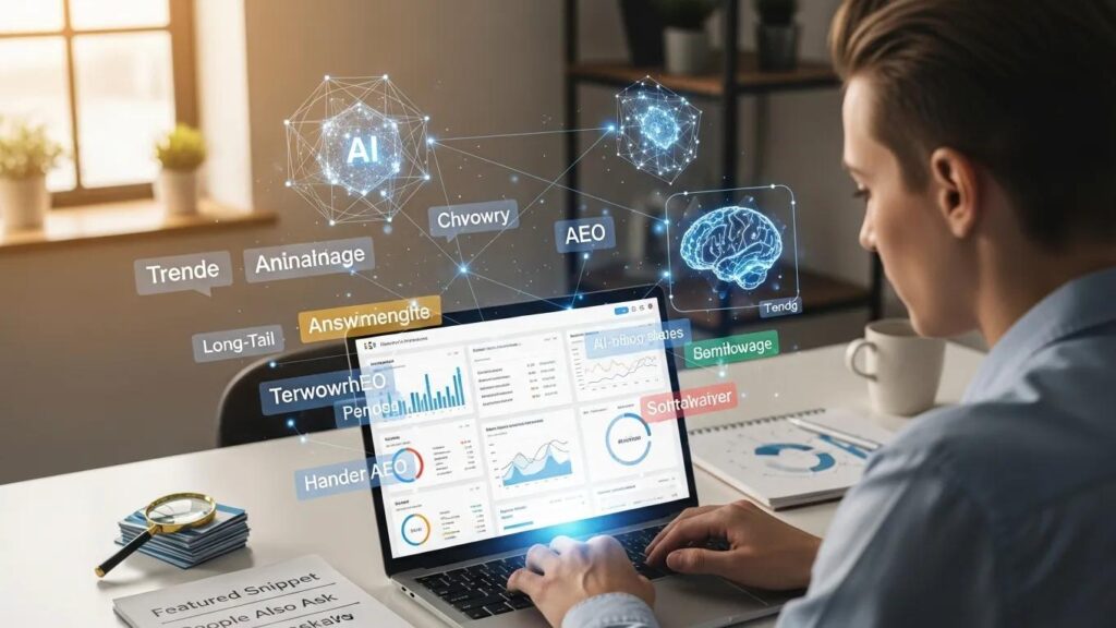 Digital marketing professional analyzing SEO strategies with a focus on answer engine optimization