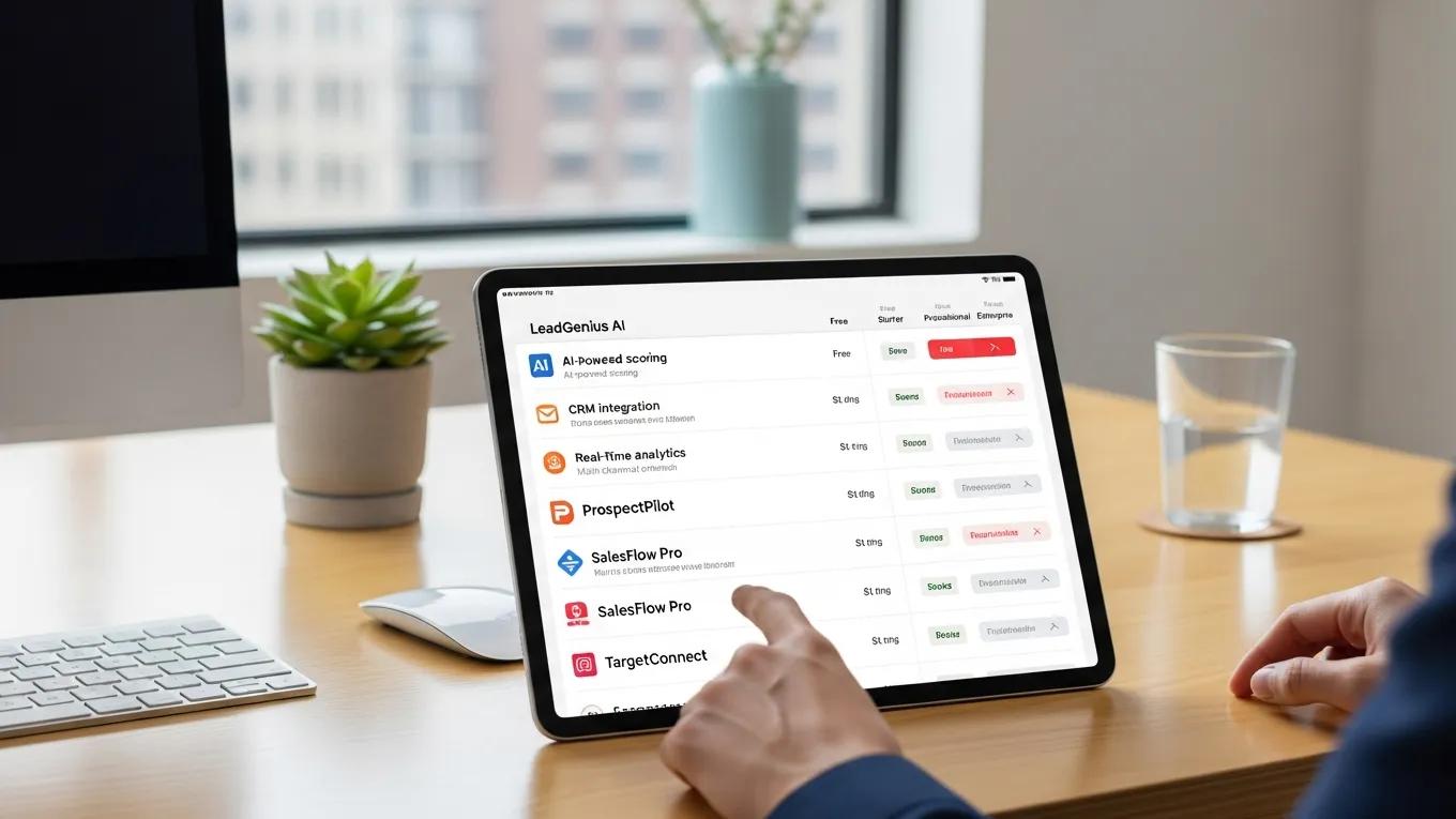 Digital tablet displaying a comparison of AI lead generation tools and features, including AI-powered scoring, CRM integration, and real-time analytics, on a wooden desk with a plant and a glass of water in the background.