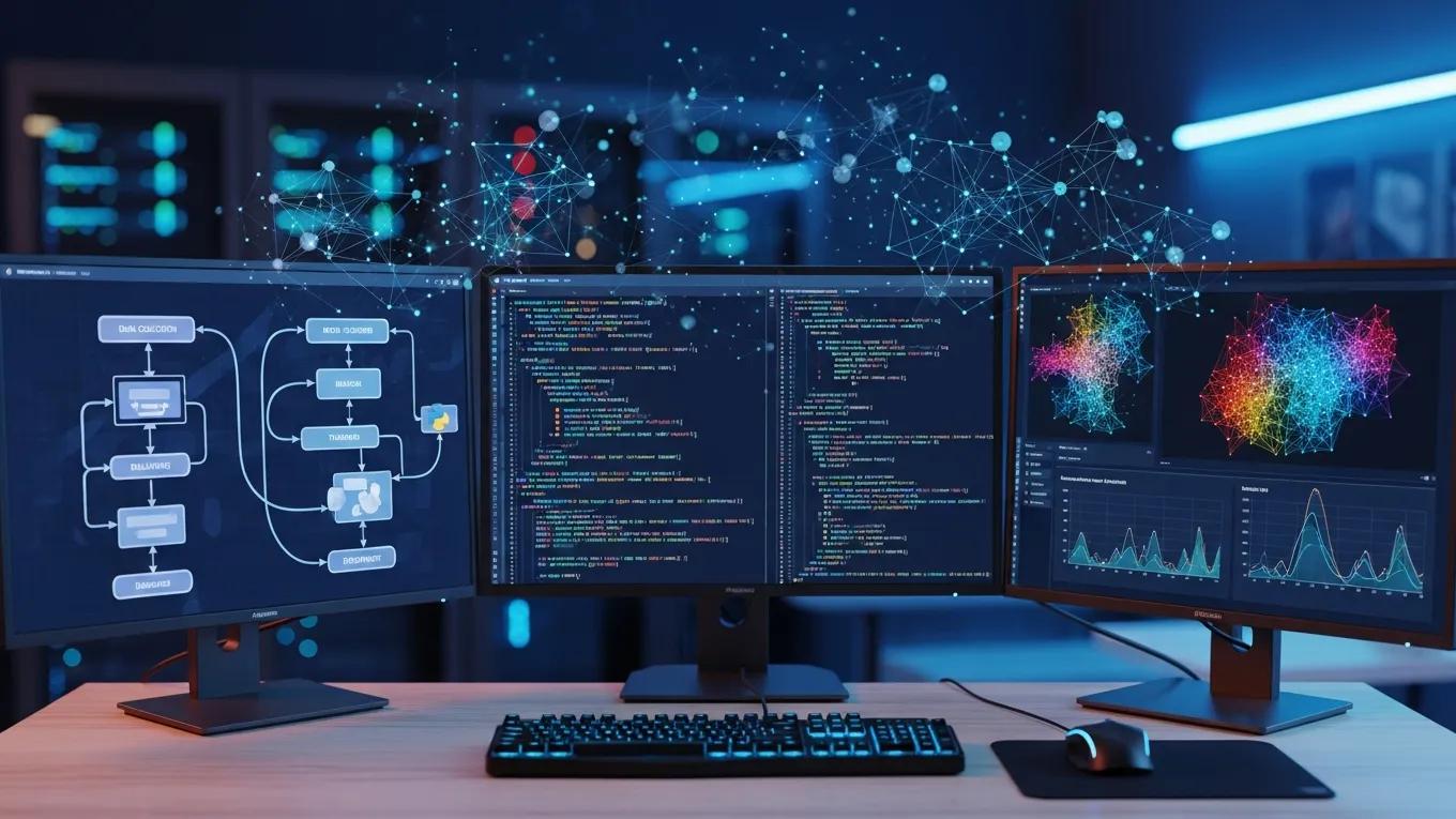 Three computer monitors displaying data flow diagrams, coding scripts, and colorful data visualizations, representing AI development methodologies and innovative approaches in a digital workspace setting.