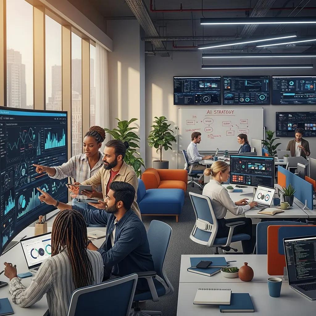 Diverse professionals collaborating in a modern agency workspace focused on AI-driven marketing solutions