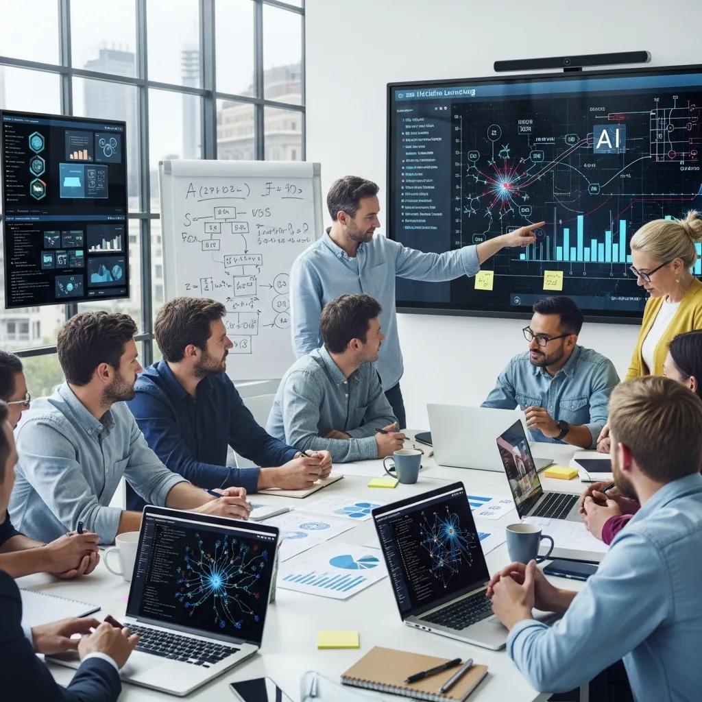 Diverse professionals collaborating on AI projects in a modern office