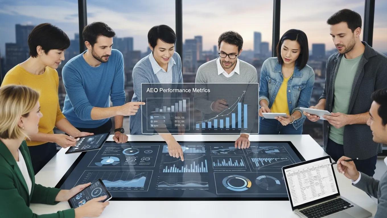 Diverse professionals collaborating on Answer Engine Optimization strategies for business growth