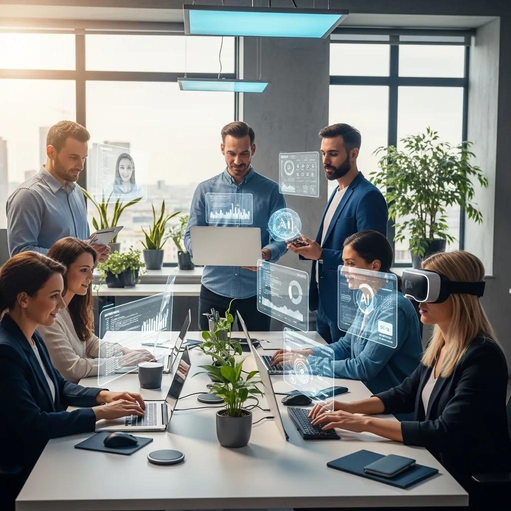 Diverse professionals collaborating remotely with advanced technology in a modern workspace