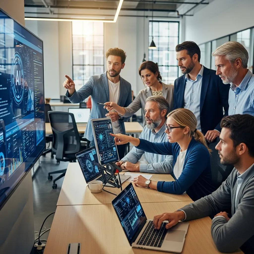 Diverse professionals engaged in an AI training session, collaborating around screens displaying data analytics and AI integration strategies.
