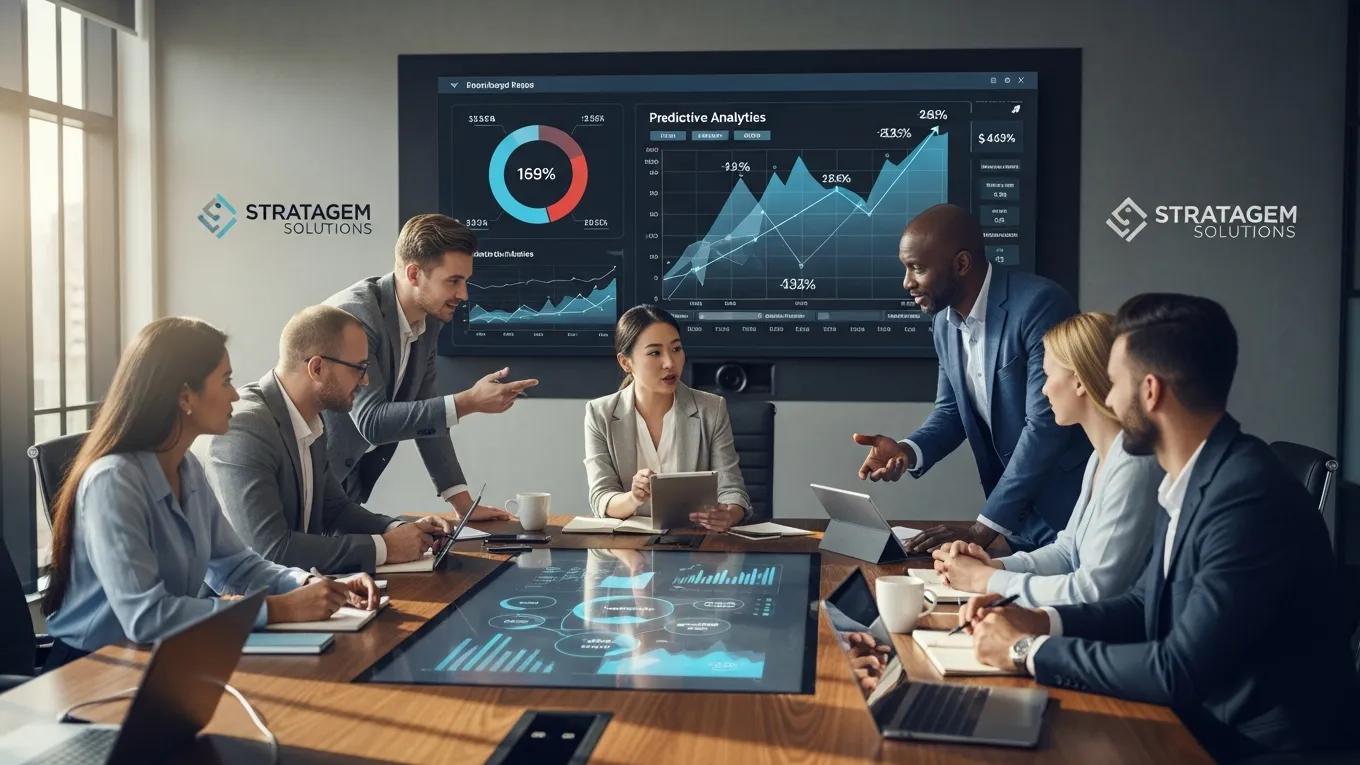 Diverse team collaborating on predictive analytics strategies in a modern office, featuring data visualizations and AI-driven insights on screens.