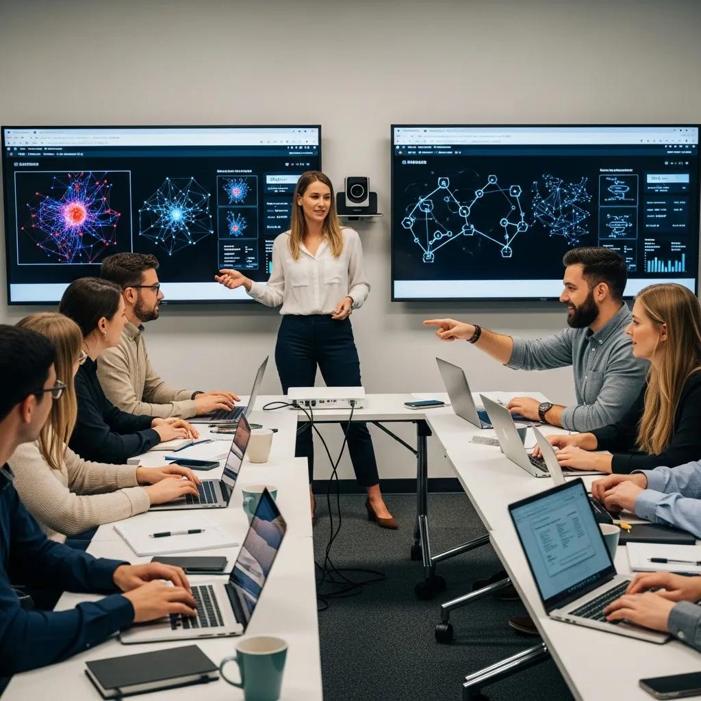 Employees engaged in an AI training workshop, featuring a presenter discussing data visualizations on screens, promoting hands-on learning and integration of AI tools in enterprise operations.