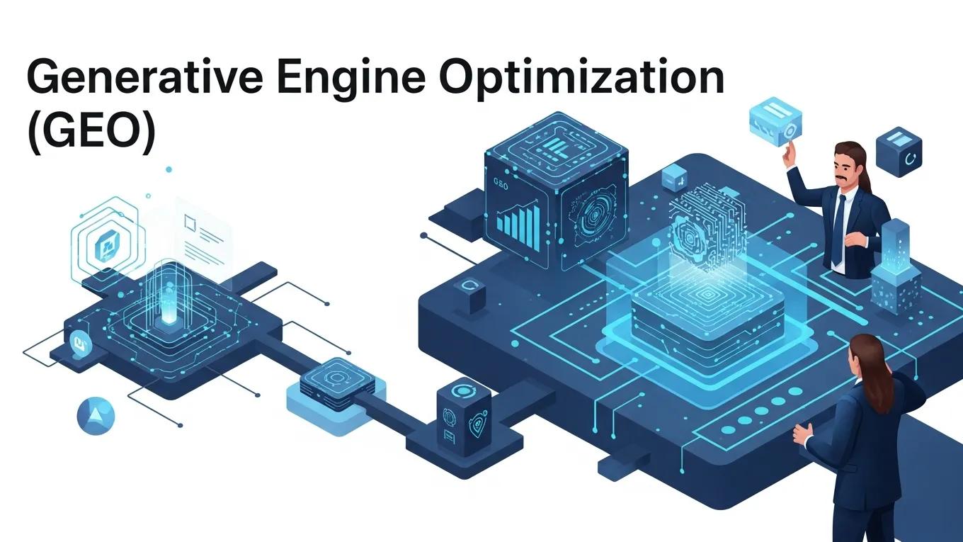 Futuristic digital landscape illustrating Generative Engine Optimization concepts with abstract algorithms and machine learning elements