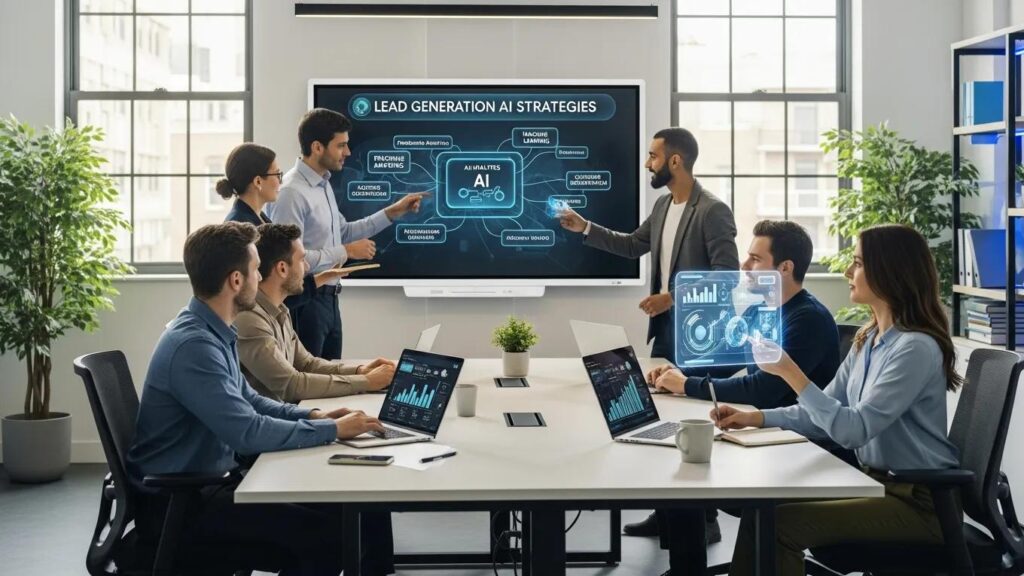 Futuristic office with professionals discussing AI lead generation strategies