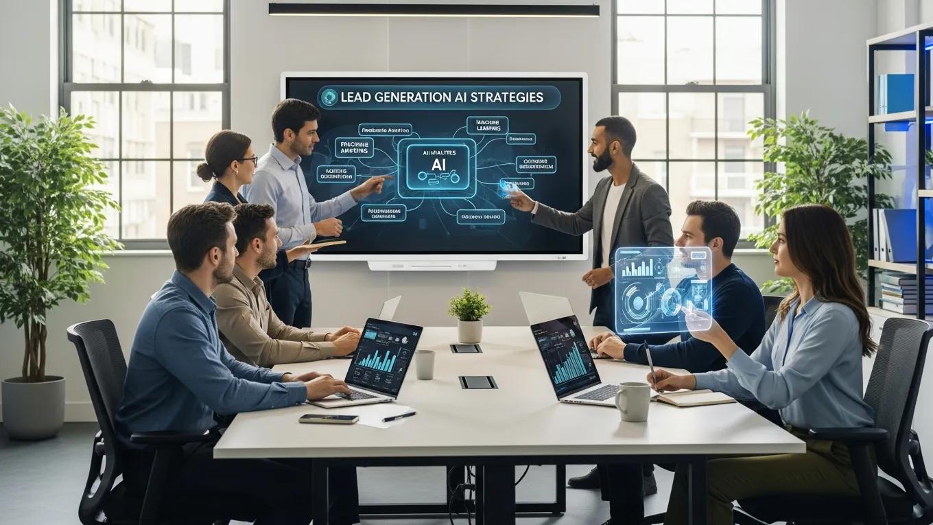 Futuristic office with professionals discussing AI lead generation strategies