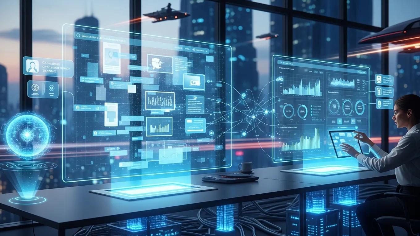 Futuristic workspace illustrating the impact of generative AI on search engine optimization and content automation