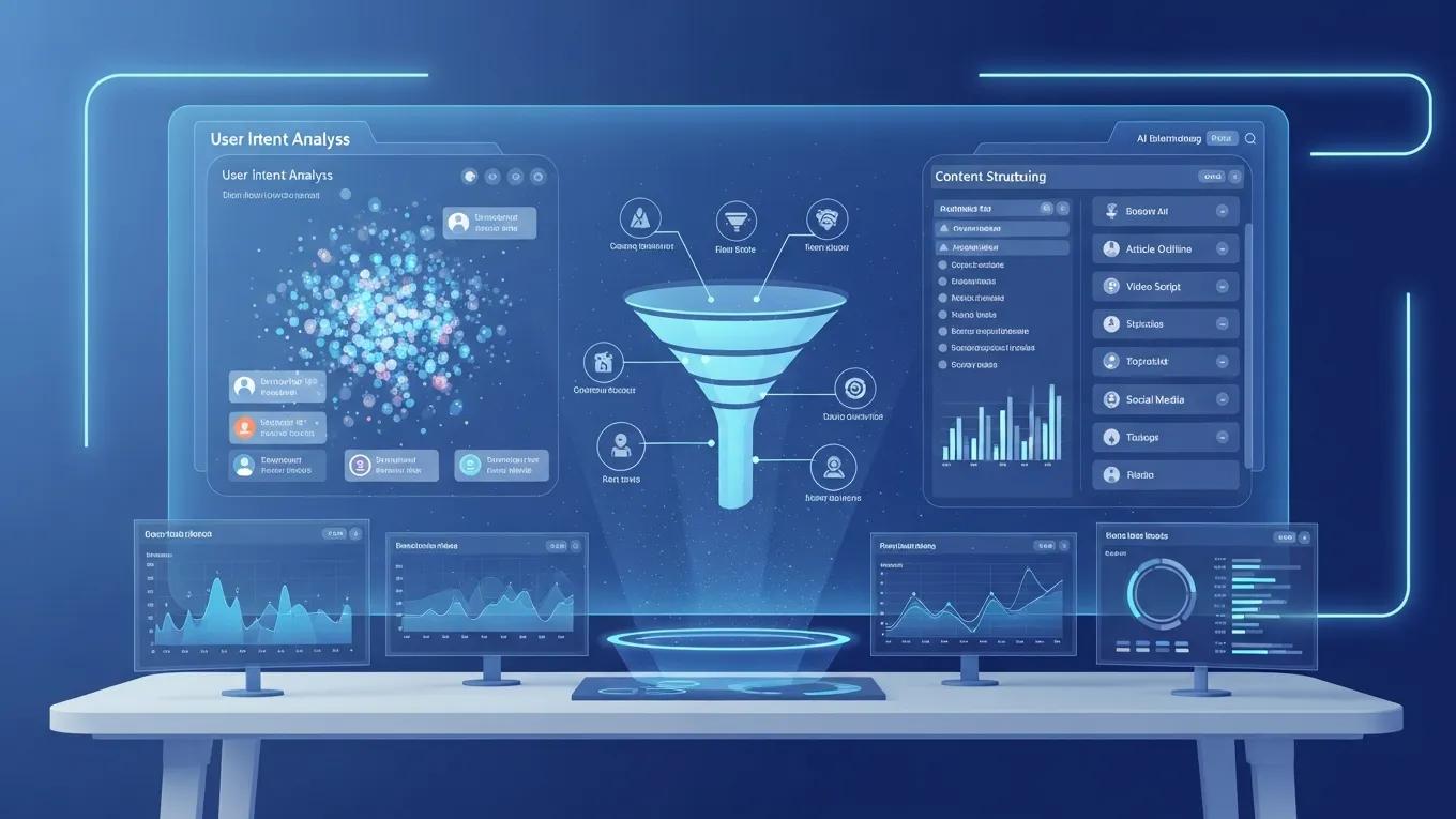 Futuristic workspace showcasing AI-driven techniques for digital marketing optimization