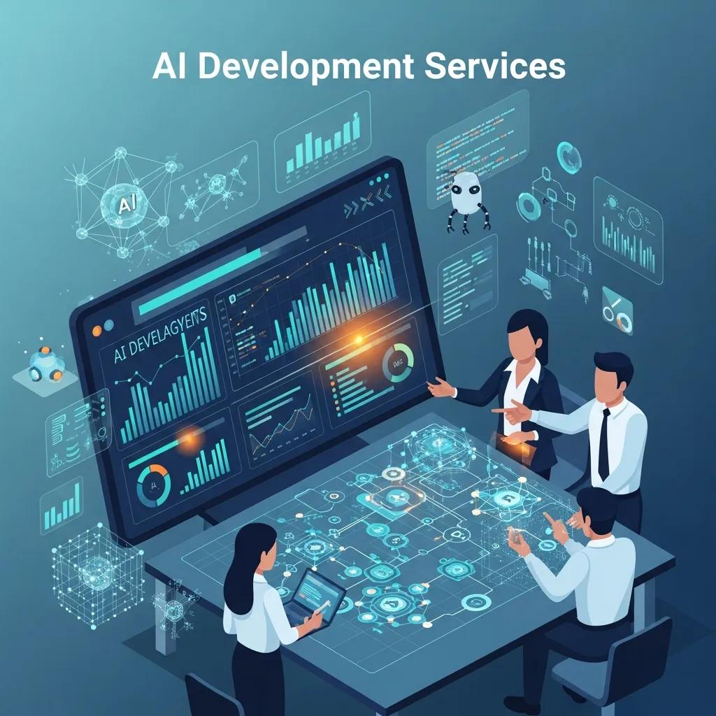 AI development services illustration featuring a diverse team collaborating around a digital interface displaying analytics, graphs, and AI-related data, emphasizing innovation and teamwork in technology solutions.