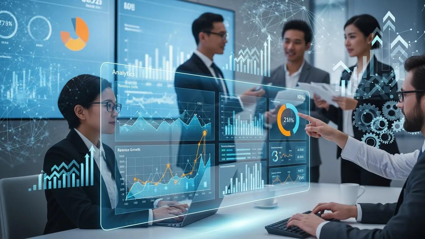 Business professionals analyzing data analytics dashboard with growth metrics and optimization strategies for AI-driven solutions.