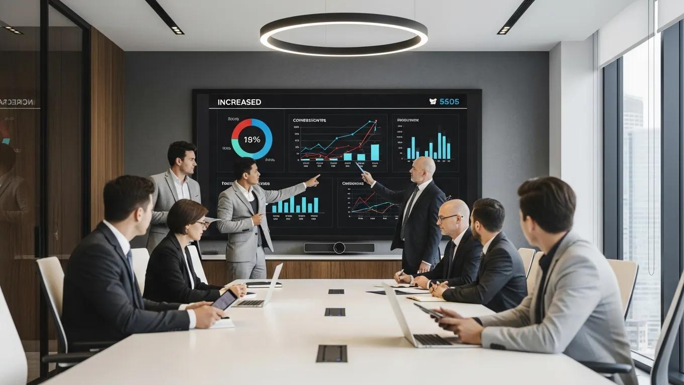 Team of professionals discussing AI impact on lead conversion rates in a modern conference room, analyzing performance metrics displayed on a large screen.