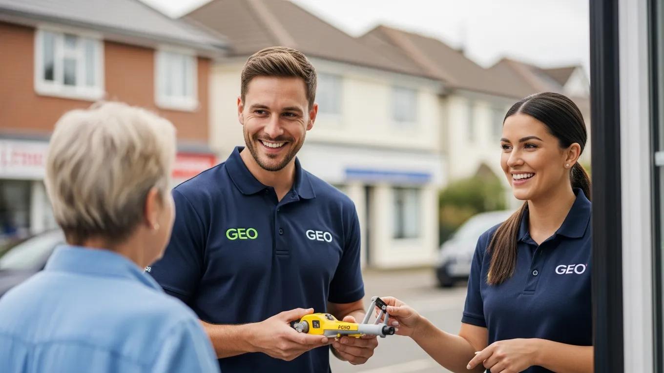 Local service providers engaging with a homeowner, showcasing GEO services and tools for enhancing local SEO visibility.