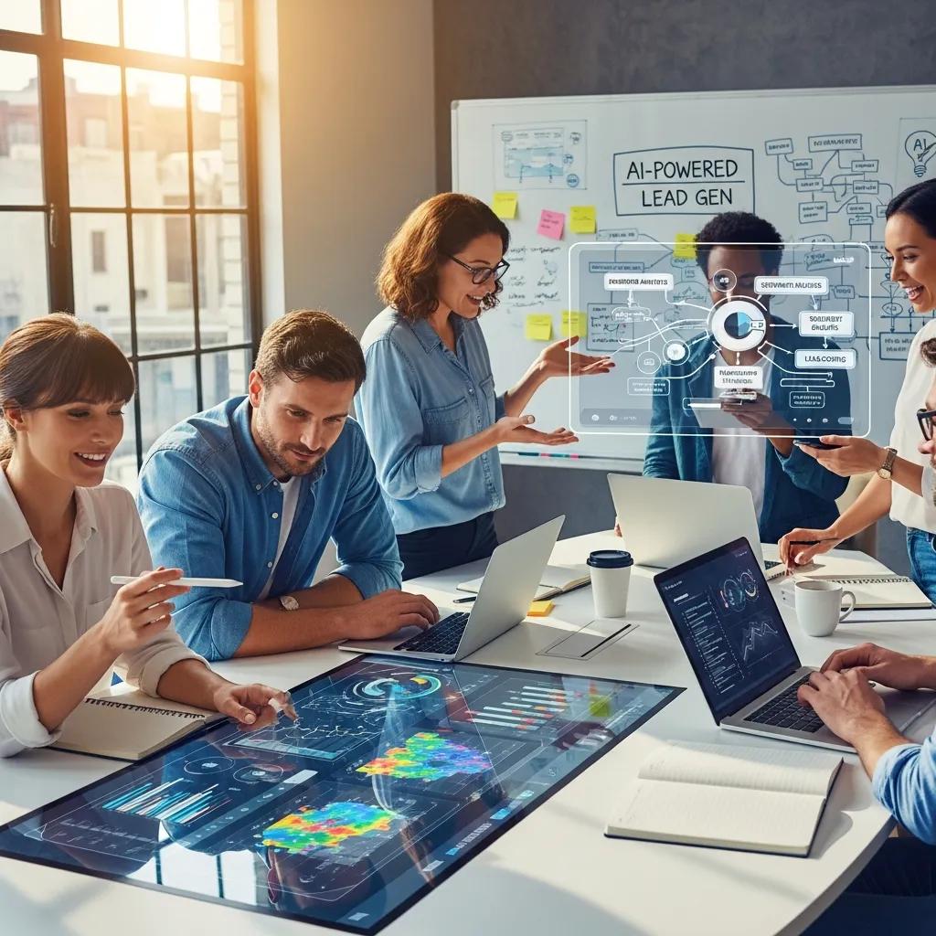 Marketing team analyzing customer behavior data with digital devices in a collaborative setting, featuring interactive data visualizations and AI-powered lead generation concepts.