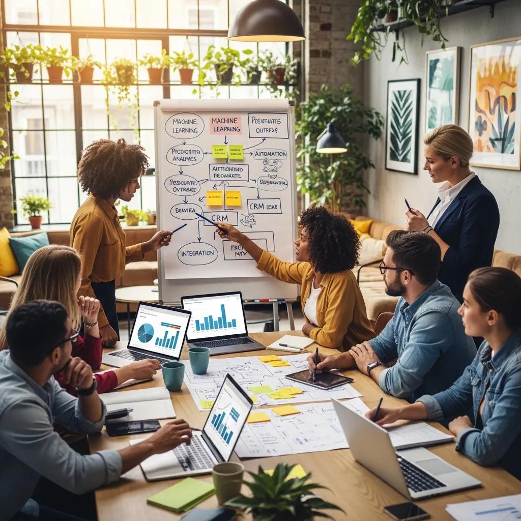 Marketing team brainstorming AI-driven lead generation strategies, discussing machine learning and CRM integration, with laptops and charts on the table.