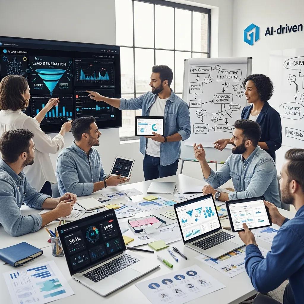 Marketing team collaborating on AI lead generation strategies, discussing data visualizations on screens and tablets, with charts and graphs illustrating performance metrics and predictive marketing.