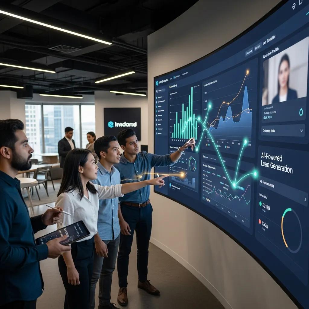 Team analyzing AI-powered lead generation data on a large digital screen, highlighting business growth metrics and strategies in a modern office setting.