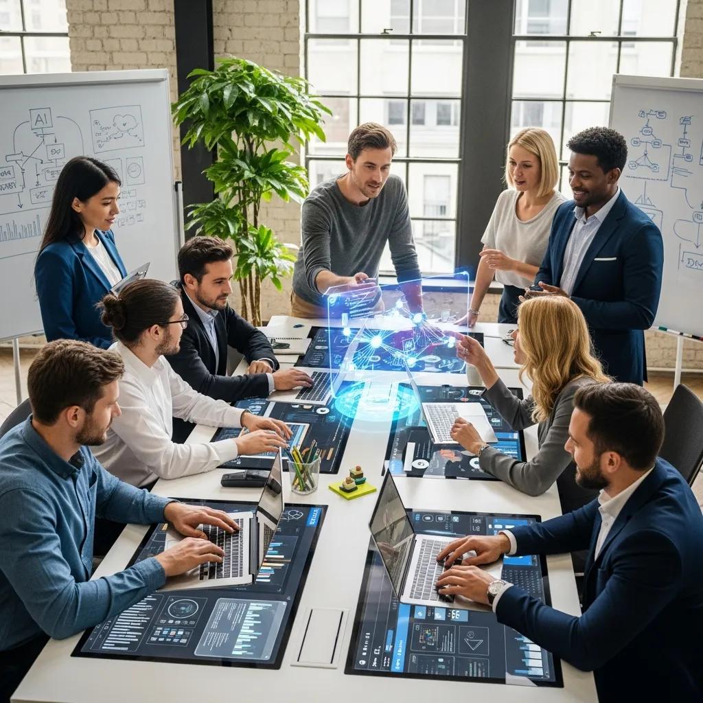 Diverse professionals collaborating in a modern office setting, utilizing advanced technology and AI tools to enhance business strategies for Broward County AI growth services.