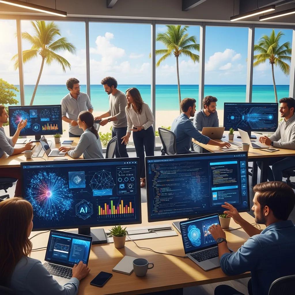 Modern office collaboration on AI growth solutions in Pompano Beach, featuring diverse professionals engaged in teamwork, multiple screens displaying data analytics and AI graphics, and a scenic beach view through large windows.