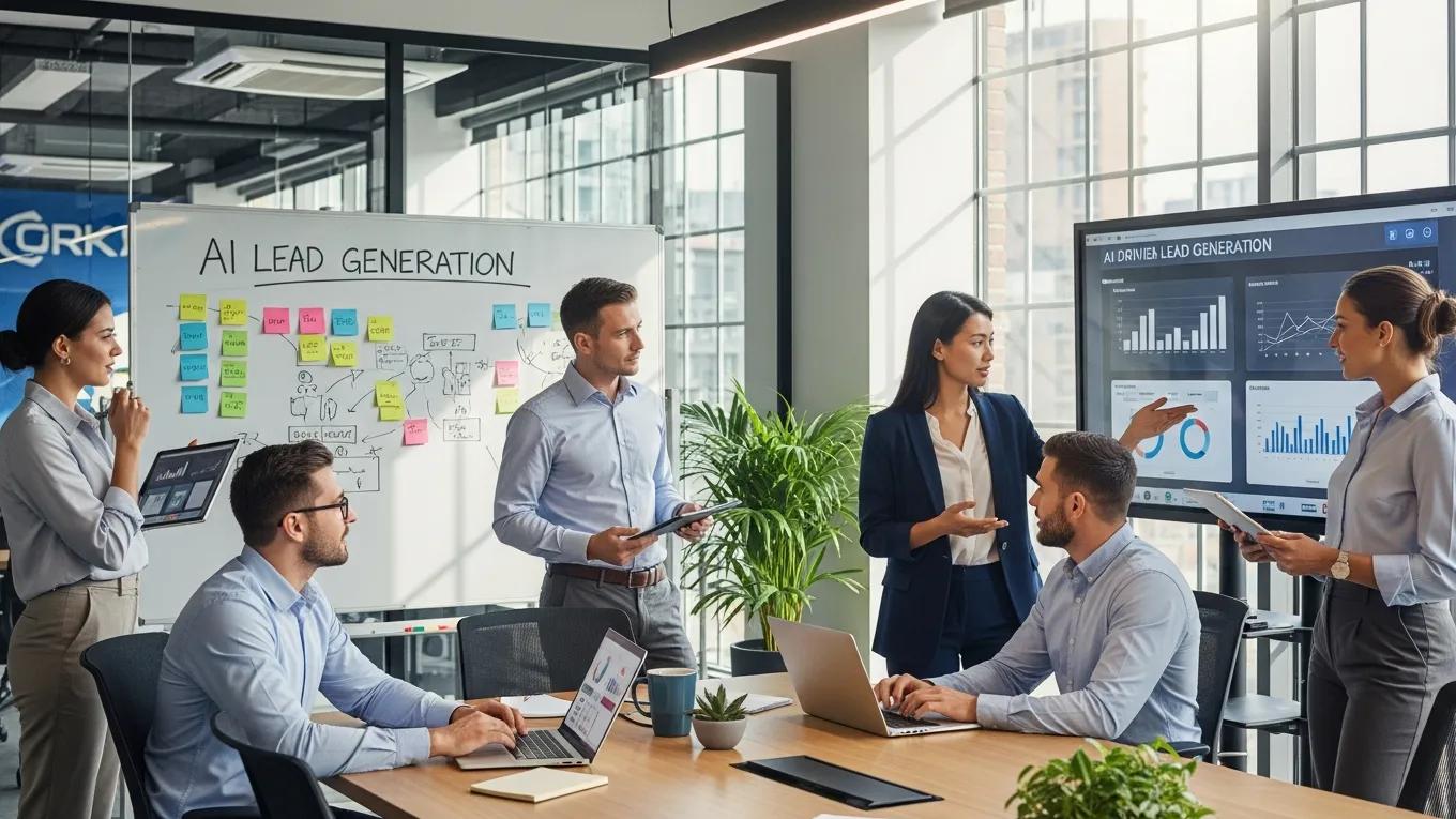 Team collaborating in a modern office setting, discussing AI lead generation strategies, with a whiteboard displaying ideas and a screen showing data analytics.