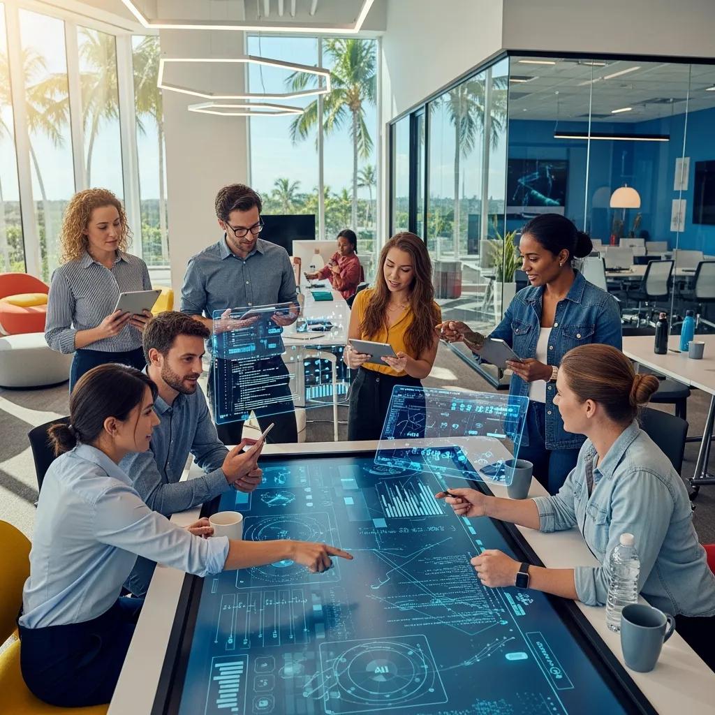 Group of professionals collaborating in a modern office, utilizing digital interfaces and AI technology to enhance business strategies in Boca Raton.
