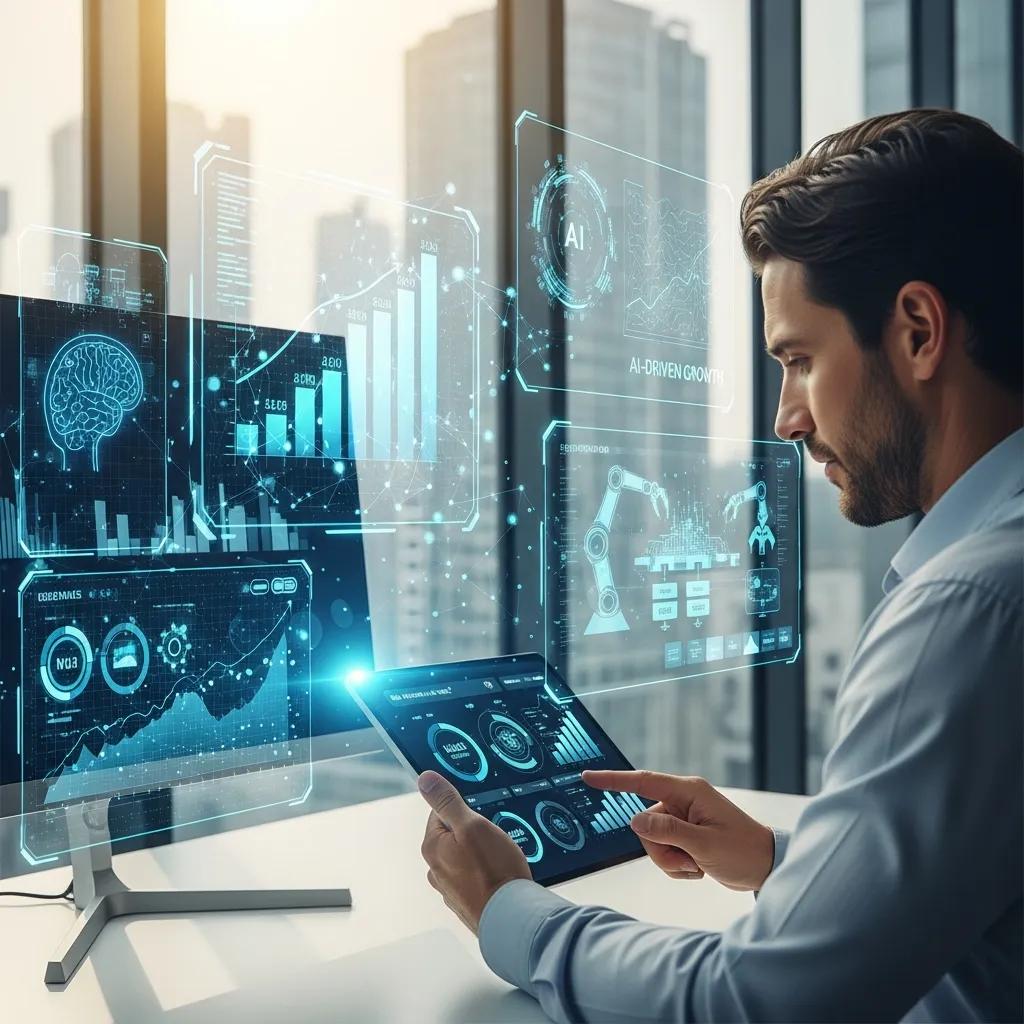 Professional analyzing data with AI technology on a tablet in a modern office, featuring digital graphs, charts, and AI-driven insights relevant to operational efficiency and strategic partnerships for national agencies.
