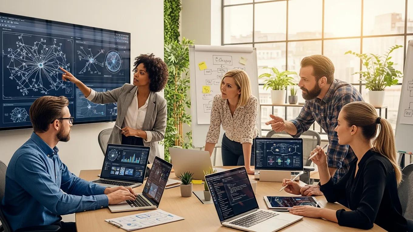 Professionals collaborating on AI technology solutions in a modern office environment, discussing data visualizations and strategies for business growth.