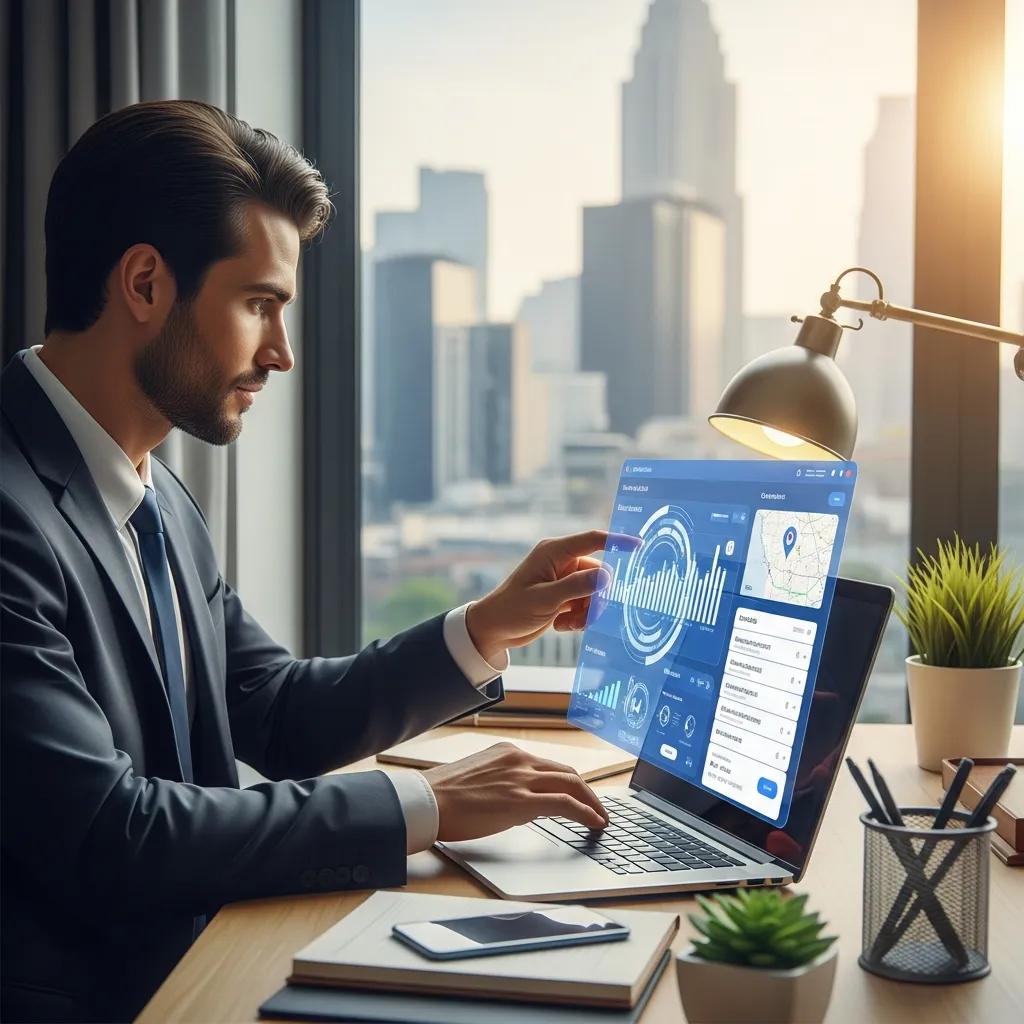 Real estate agent using AI technology for lead generation in a modern office