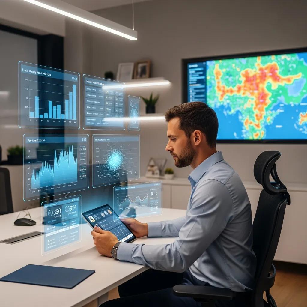Real estate professional analyzing predictive analytics data on a tablet, with holographic graphs and charts displaying lead quality metrics and trends in a modern office setting.