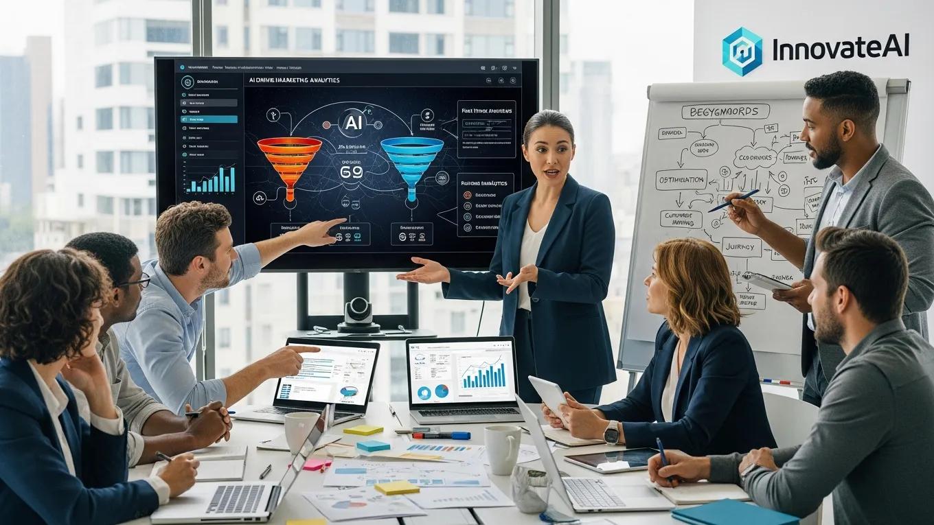 Sales and marketing leaders collaborating on AI-driven optimization strategies in a modern office
