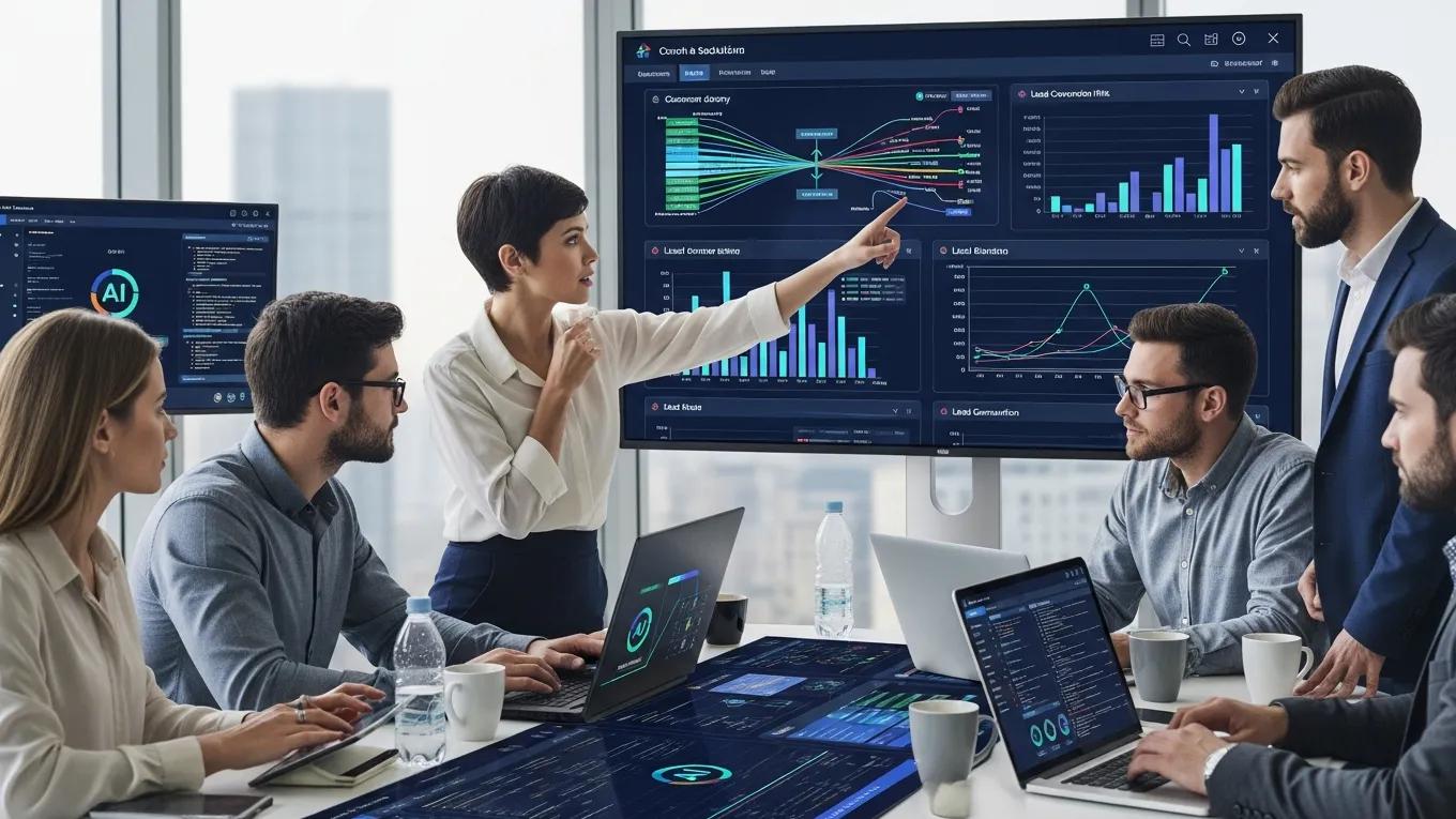 Team analyzing AI optimization techniques for lead generation, with data visualizations on screens, highlighting predictive analytics and performance metrics.