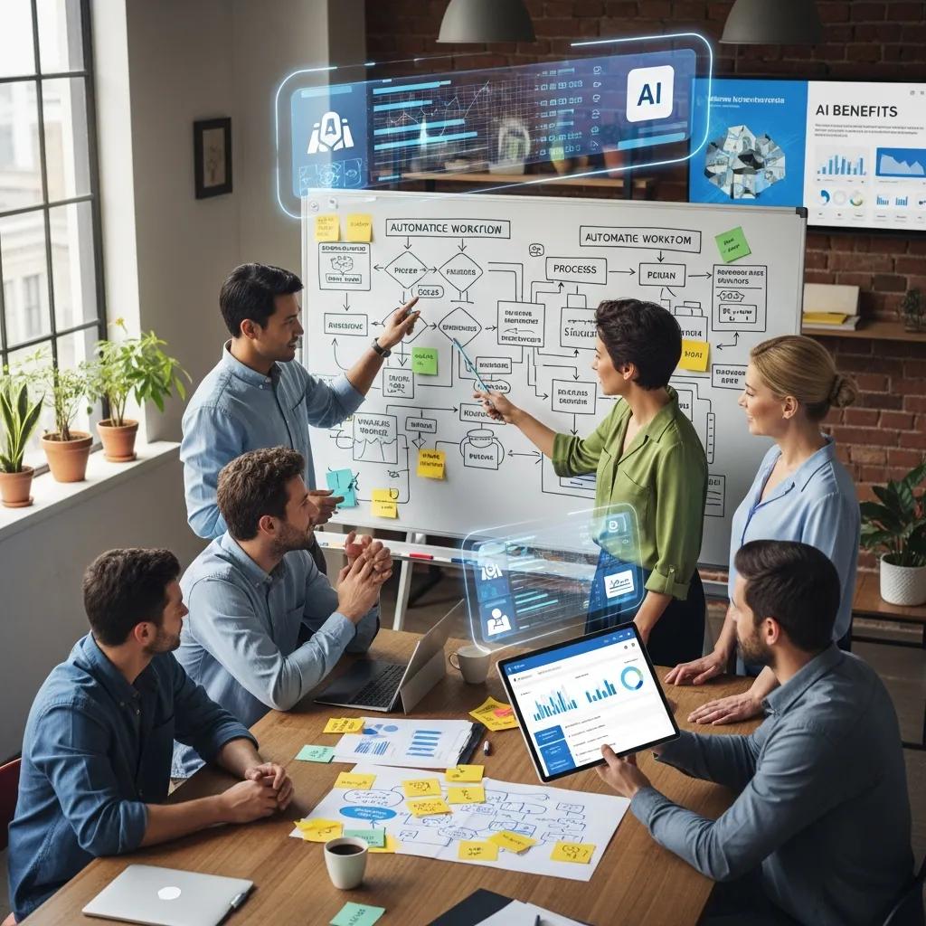 Team brainstorming workflow automation strategies in a creative office, using AI tools, visual flowcharts, and digital devices, emphasizing operational efficiency and lead generation.