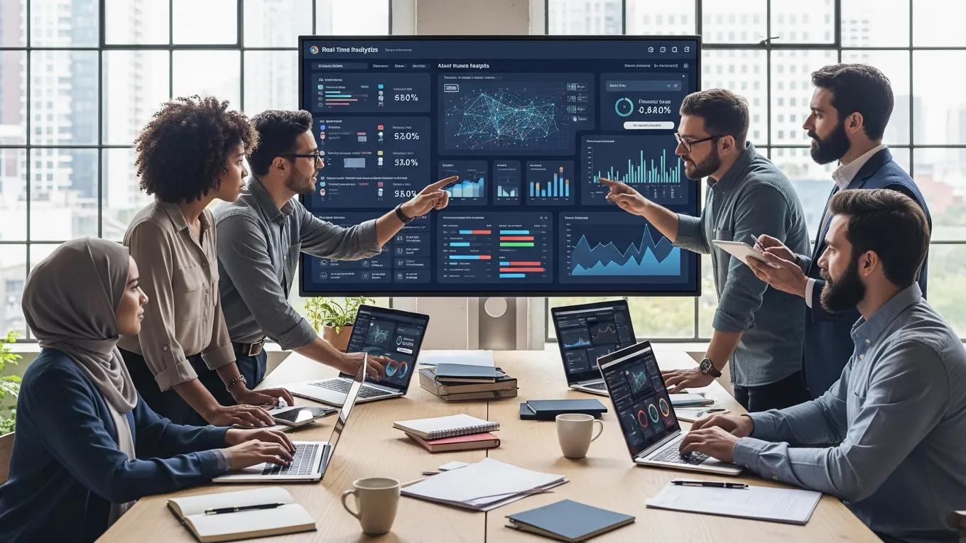 Team collaborating on AI-driven lead generation strategies, analyzing data on large screen, with laptops and notebooks on table, emphasizing Answer Engine Optimization insights.