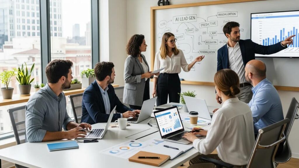 Team discussing AI lead generation strategies in a modern office, with laptops and charts on the table, and a presentation screen displaying data analysis.