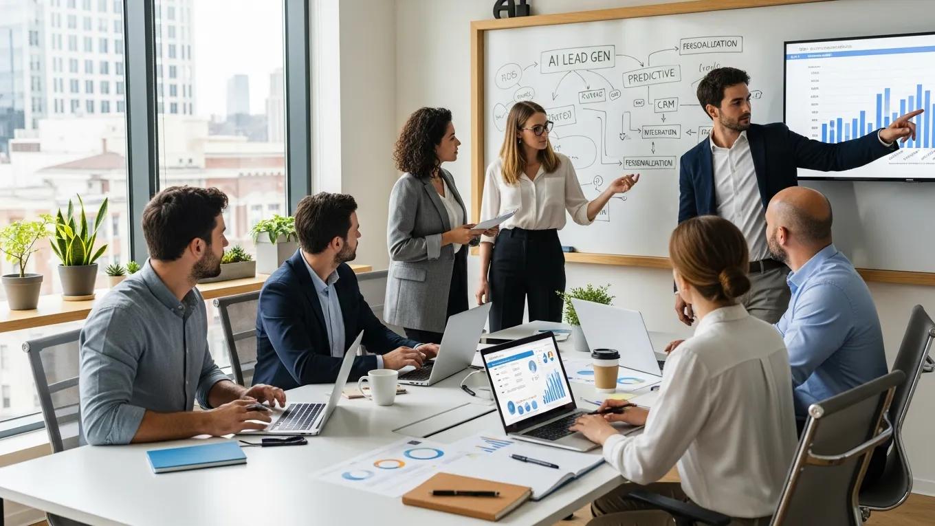 Team discussing AI lead generation strategies in a modern office, with charts and graphs displayed on screens and whiteboard.