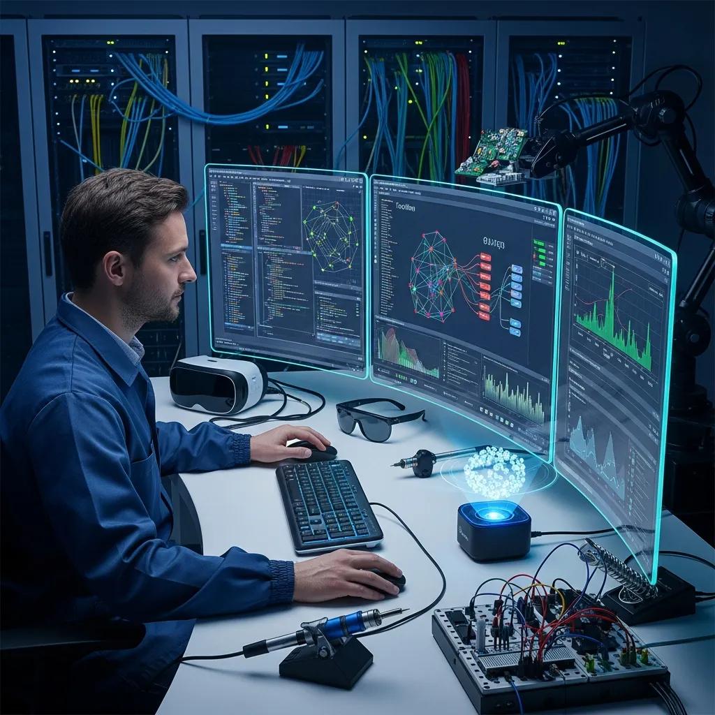 Technician optimizing AI systems in a high-tech environment with multiple screens displaying data analytics and machine learning visualizations.
