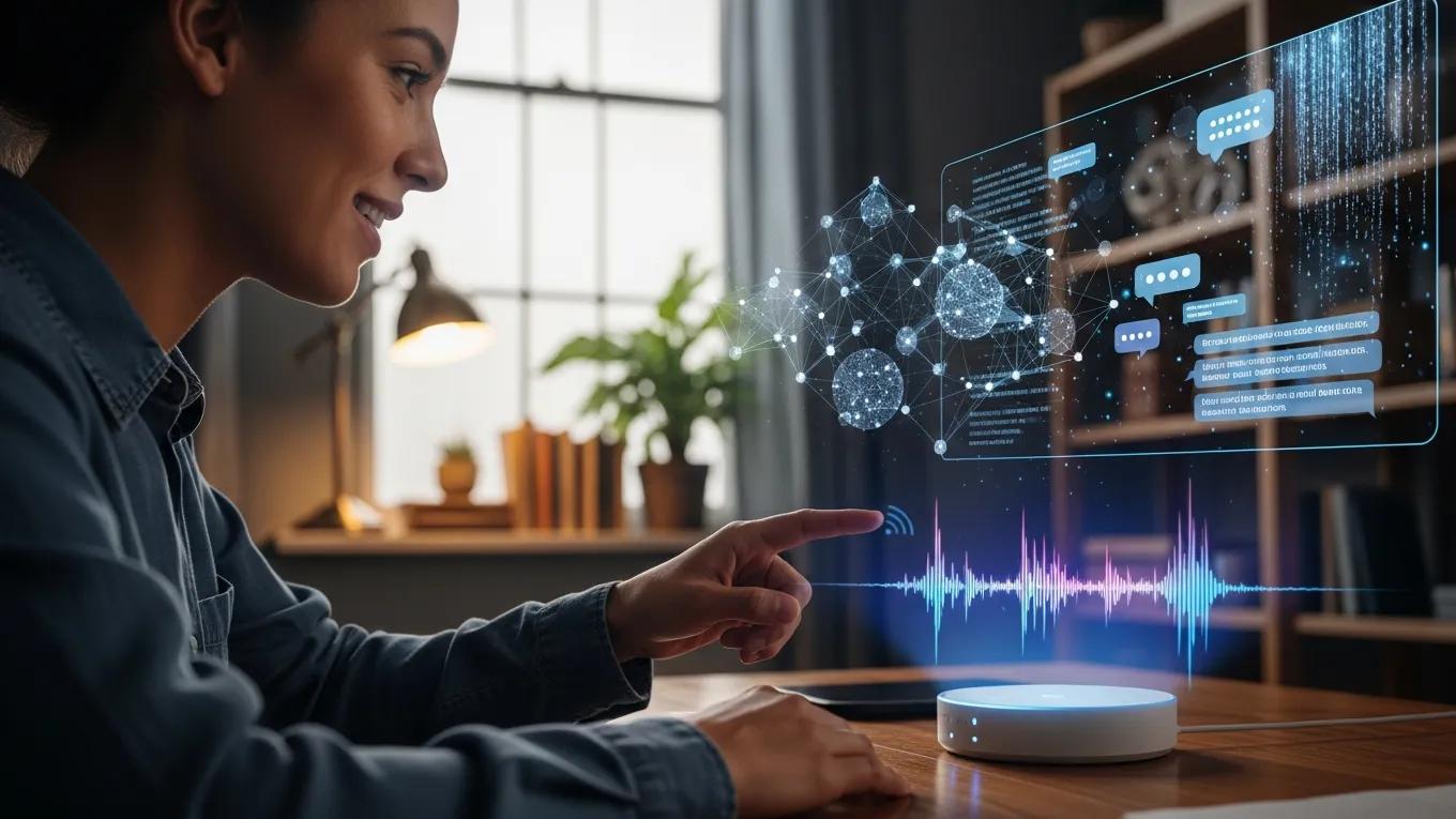 User interacting with voice-activated device illustrating AI technologies in search optimization