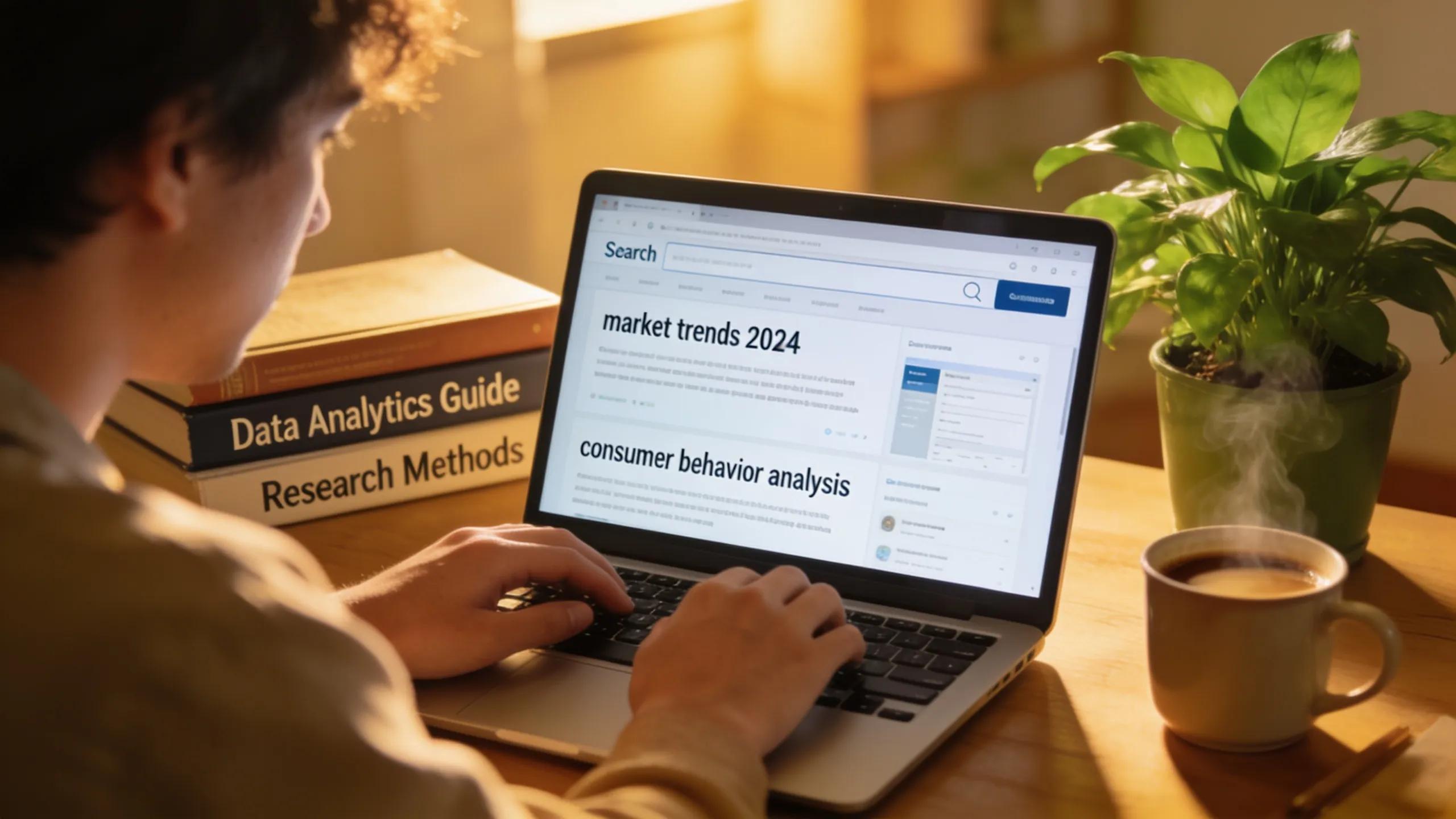 Analyst studying AI-powered search result pages with Answer Engine Optimization metrics visible on a laptop screen in a focused home office setting
