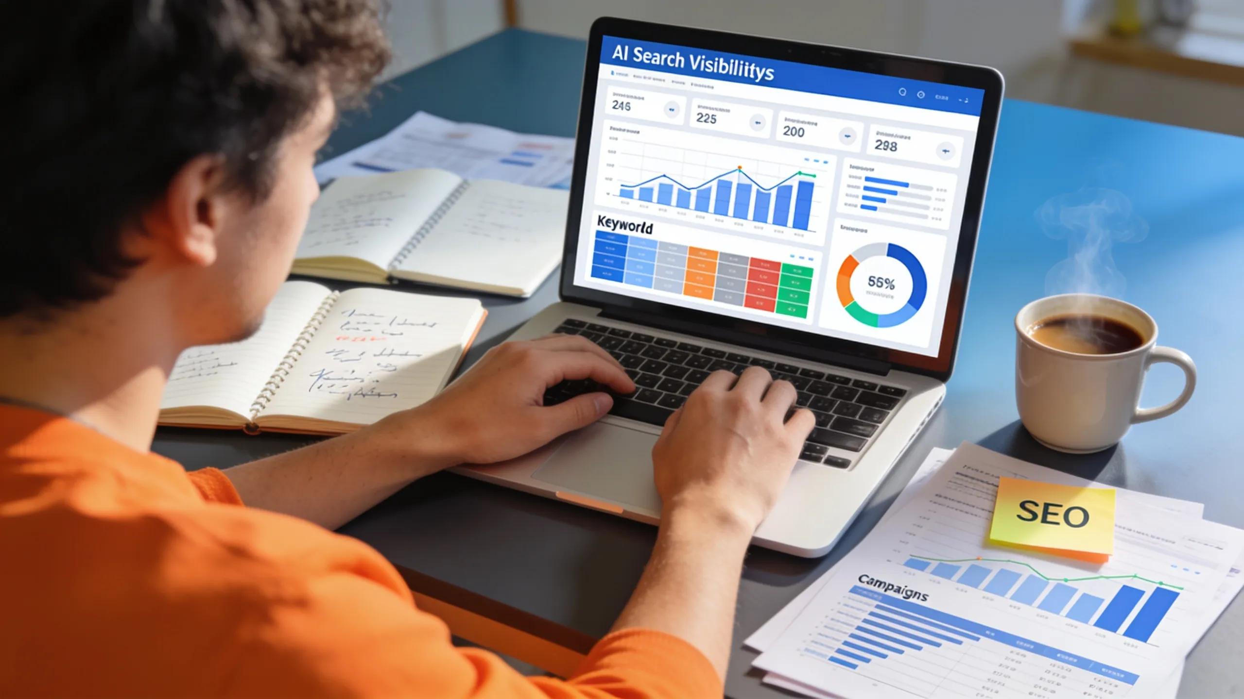 Digital workspace showcasing AI search visibility tools with a person analyzing data